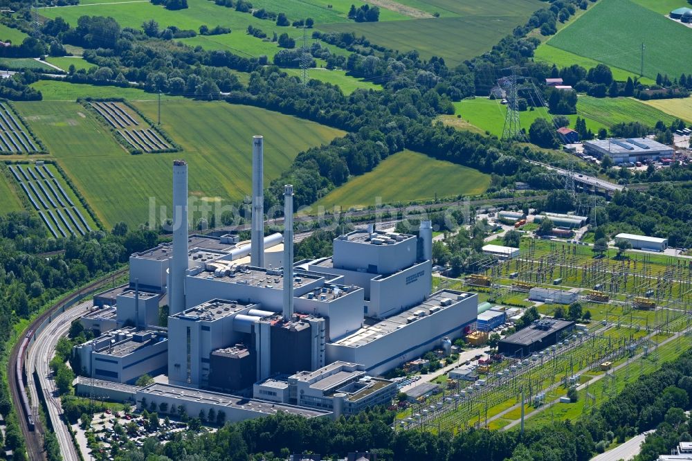 Luftaufnahme Unterföhring - Kraftwerksanlagen des Heizkraftwerkes SWM Heizkraftwerk Nord in Unterföhring im Bundesland Bayern, Deutschland