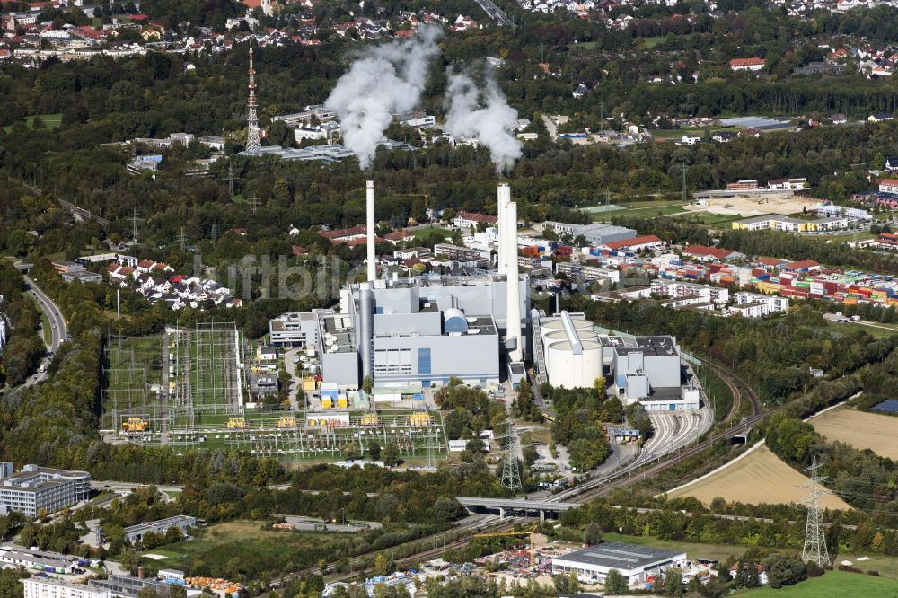 Luftbild Unterföhring - Kraftwerksanlagen des Heizkraftwerkes SWM Heizkraftwerk Nord in Unterföhring im Bundesland Bayern, Deutschland