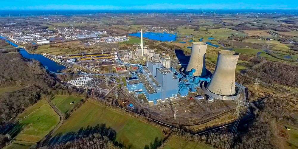 Luftaufnahme Hamm - Kraftwerksanlagen des Kohle- Heizkraftwerkes in Hamm im Bundesland Nordrhein-Westfalen, Deutschland