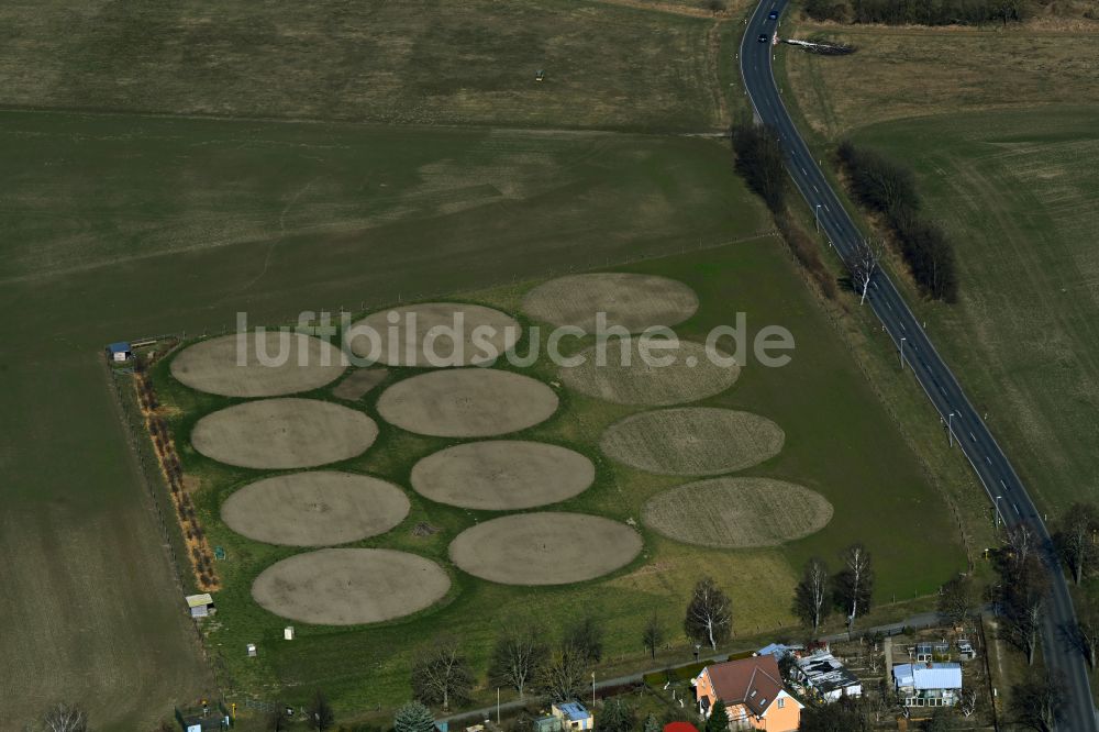 Luftaufnahme Eiche - Kreis- Bewässerungsanlage auf landwirtschaftlichen Feldern Bauerngarten Ahrensfelde in Eiche im Bundesland Brandenburg, Deutschland