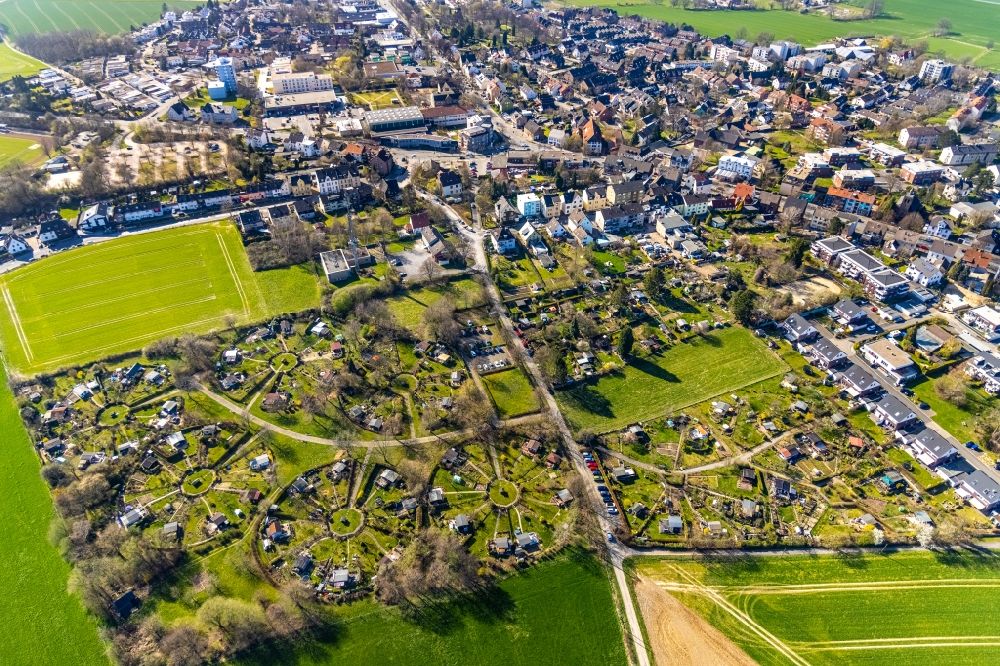 Luftbild Witten - Kreisförmig angeordnete Kleingartenanlagen einer Laubenkolonie in Witten im Bundesland Nordrhein-Westfalen, Deutschland