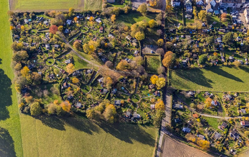 Witten aus der Vogelperspektive: Kreisförmig angeordnete Kleingartenanlagen einer Laubenkolonie in Witten im Bundesland Nordrhein-Westfalen, Deutschland