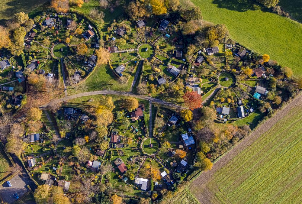 Luftbild Witten - Kreisförmig angeordnete Kleingartenanlagen einer Laubenkolonie in Witten im Bundesland Nordrhein-Westfalen, Deutschland