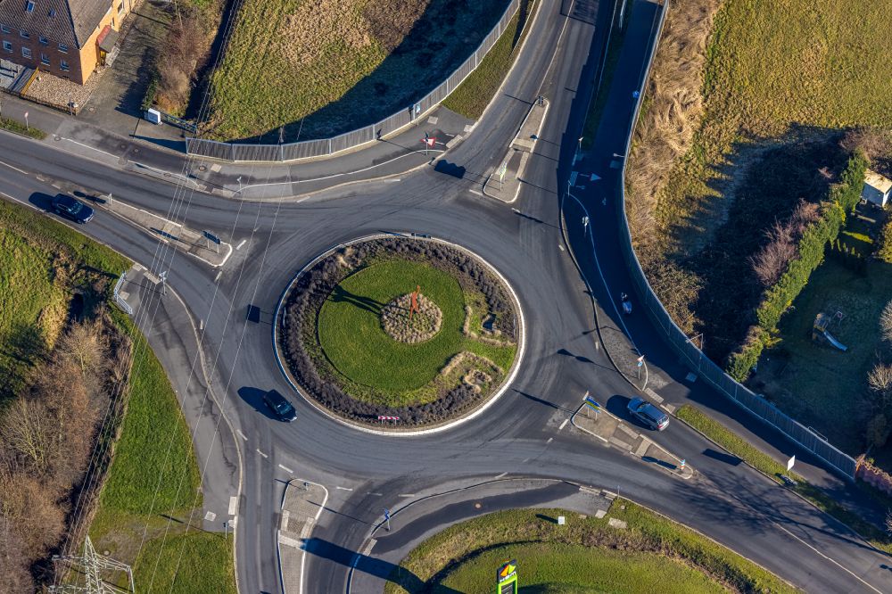 Luftaufnahme Selm - Kreisverkehr - Straßenverlauf an der Kreisstraße in Selm im Bundesland Nordrhein-Westfalen, Deutschland