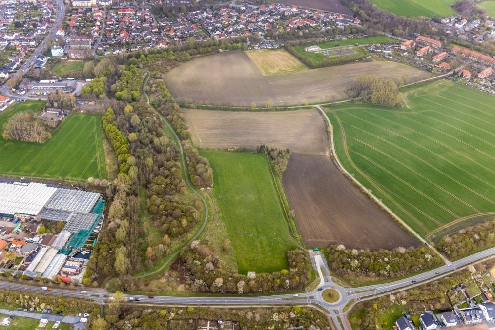 Luftaufnahme Hamm - Kreisverkehr - Straßenverlauf Sachsenring in Hamm im Bundesland Nordrhein-Westfalen, Deutschland