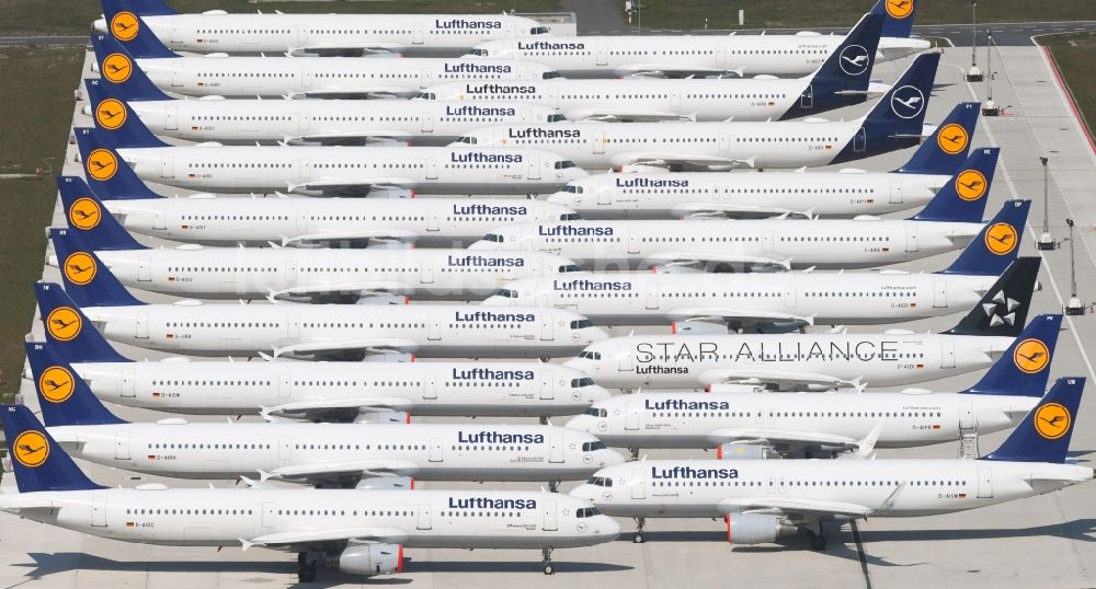 Luftaufnahme Selchow - Krisenbedingt stillgelegte Passagierflugzeuge der Fluggesellschaft Lufthansa auf der Parkposition - Abstellfläche auf dem Flughafen BER in Schönefeld im Bundesland Brandenburg, Deutschland