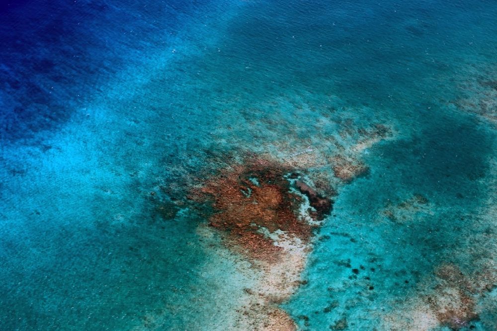 Luftaufnahme Cave Cay - Küstenbereich der karibischen Südsee - Inseln in Cave Cay Island, Bahamas