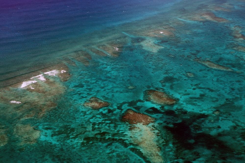 Cave Cay von oben - Küstenbereich der karibischen Südsee - Inseln in Cave Cay Island, Bahamas