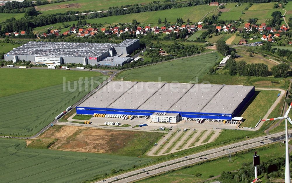 Hörselgau von oben - Lagerhallen und Speditionsgebäude der Rhenus SE & Co. KG in Hörselgau im Bundesland Thüringen, Deutschland