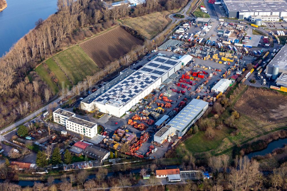 Luftaufnahme Bobenheim-Roxheim - Lagerhauskomplex- Gebäude im Gewerbegebiet von BBV Systems GmbH in Bobenheim-Roxheim im Bundesland Rheinland-Pfalz, Deutschland
