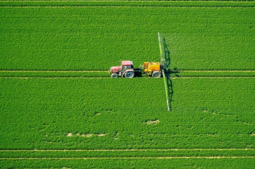 Anröchte von oben - Landmaschinen Einsatz zum Düngen von Feldern in Anröchte im Bundesland Nordrhein-Westfalen, Deutschland