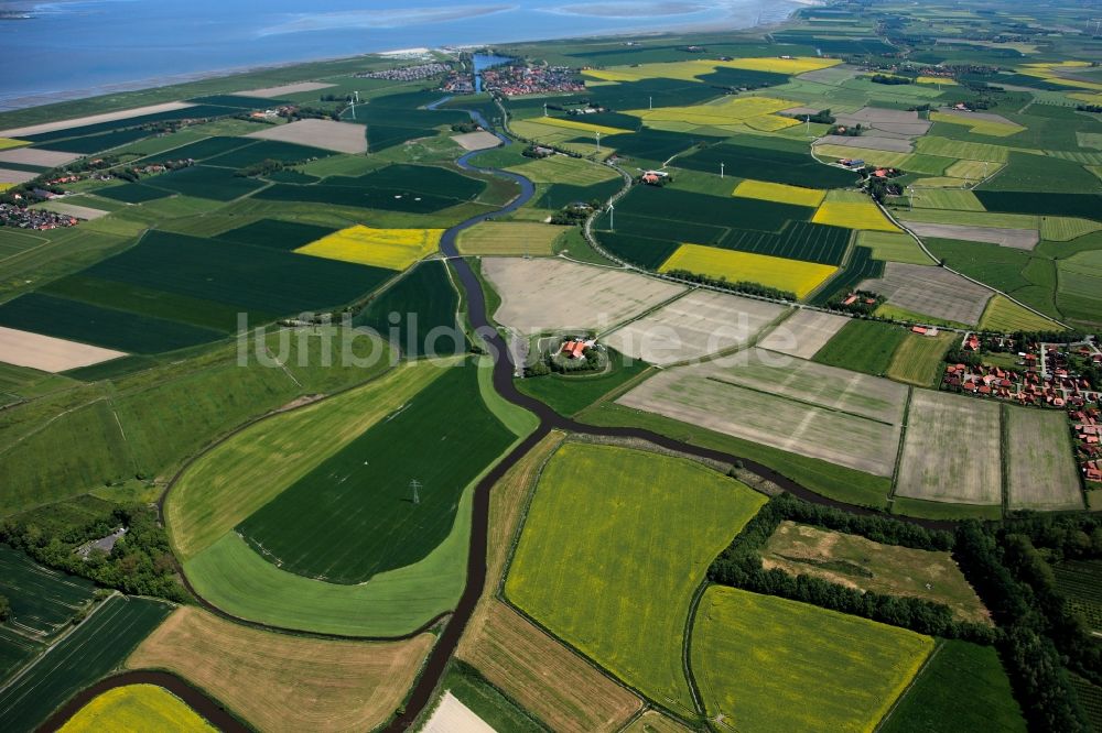 Luftbild Dornum - Landschaft und Felder in der Gemeinde Dornum an der Nordsee Küste in Ostfriesland im Bundesland Niedersachsen
