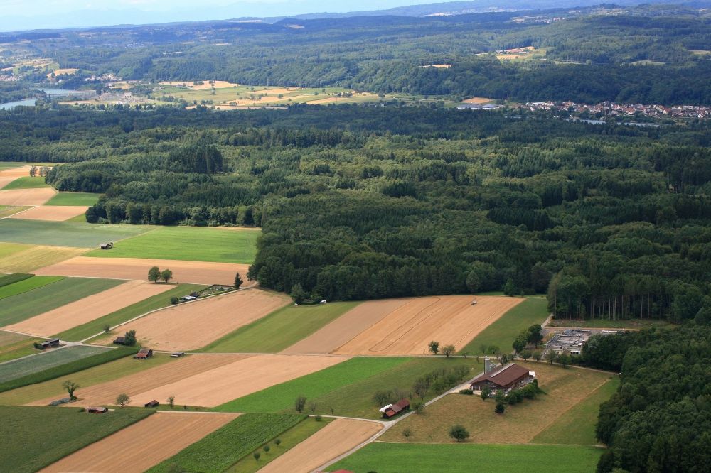 Luftaufnahme Wallbach - Landschaft mit Felder, Wiesen und Wald am Hochrhein in Wallbach in der Schweiz