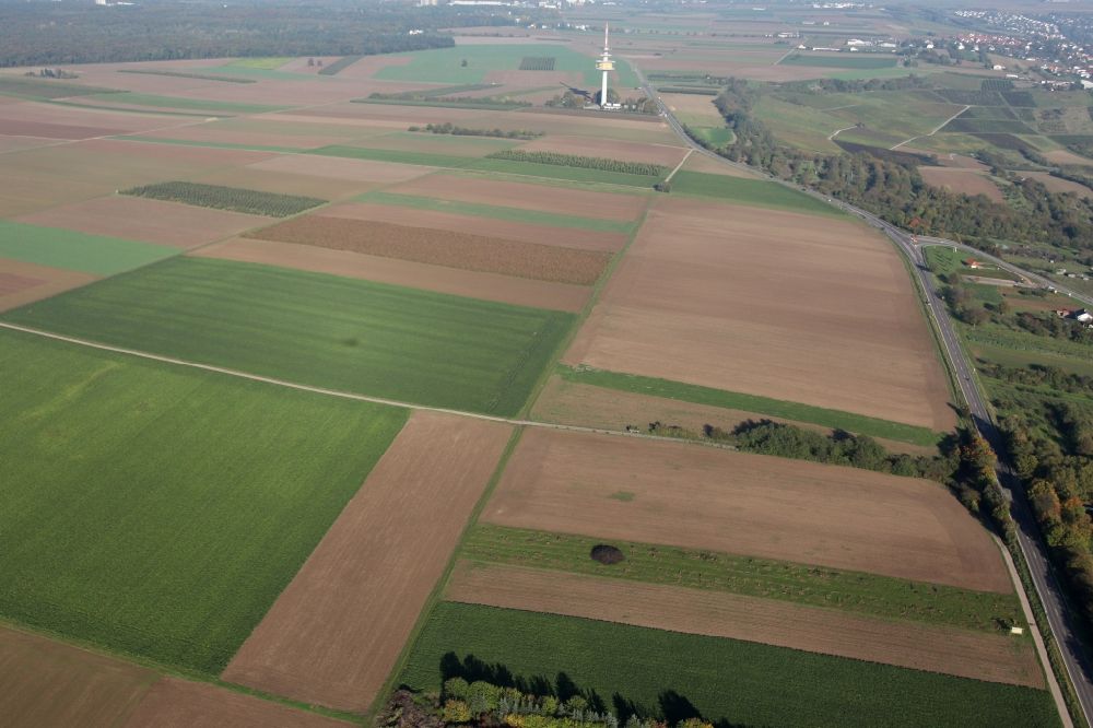 Luftaufnahme Essenheim - Landwirtschaftliche Fläche und Feldlandschaft am Fernmeldeturm bei Essenheim im Bundesland Rheinland-Pfalz