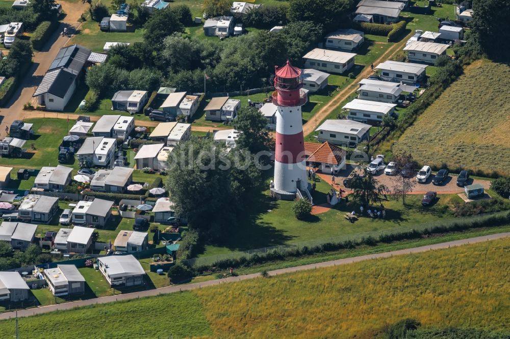 Luftaufnahme Pommerby - Leuchtturm als historisches Seefahrtszeichen Leuchtturm Falshöft am Sibbeskjär in Pommerby im Bundesland Schleswig-Holstein, Deutschland
