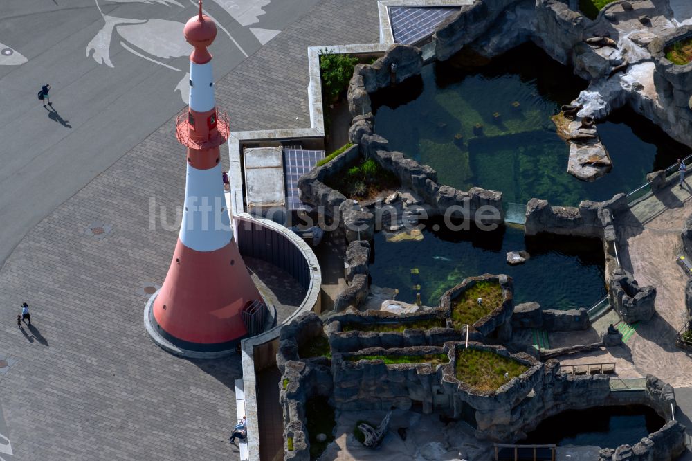 Bremerhaven von oben - Leuchtturm als historisches Seefahrtszeichen am Zoo am Meer in Bremerhaven im Bundesland Bremen, Deutschland