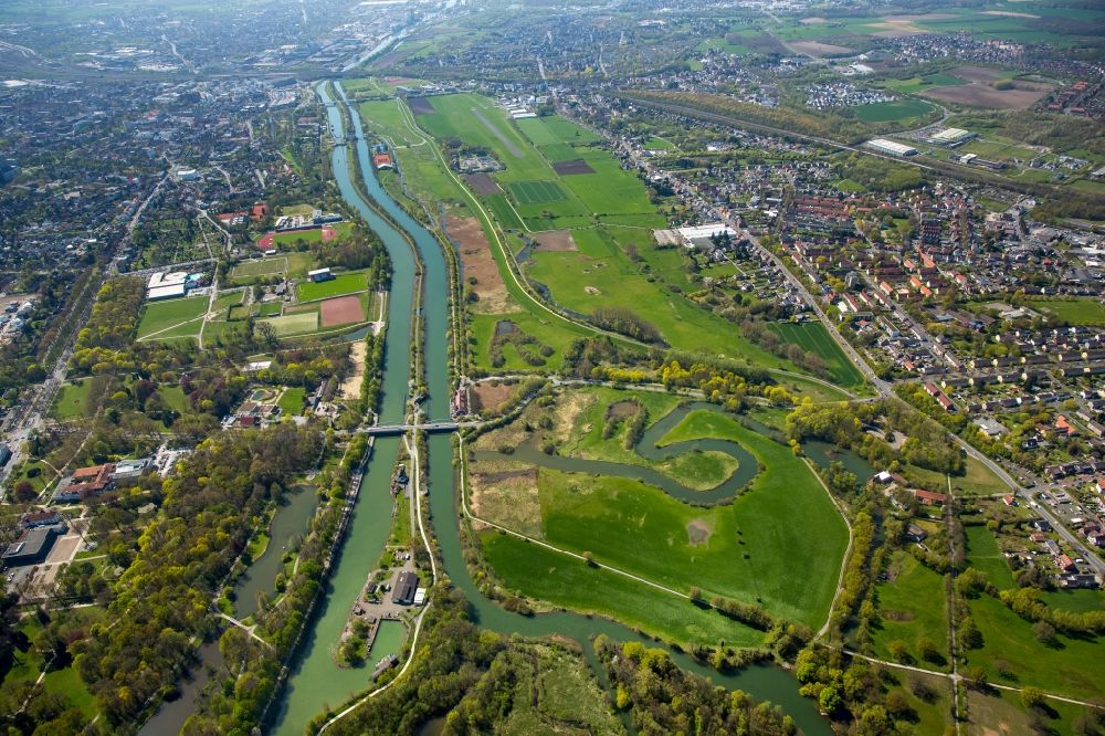 Hamm aus der Vogelperspektive: Lippeauen am Ufer des Flusses Lippe und des Datteln-Hamm-Kanal im Norden der Stadt Hamm im Bundesland Nordrhein-Westfalen
