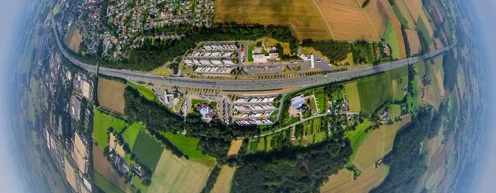 Luftbild Hamm - LKW- Abstellflächen an der Autobahn- Raststätte und Parkplatz der BAB A 2 am Rastplatz in Rhynern im Bundesland Nordrhein-Westfalen, Deutschland