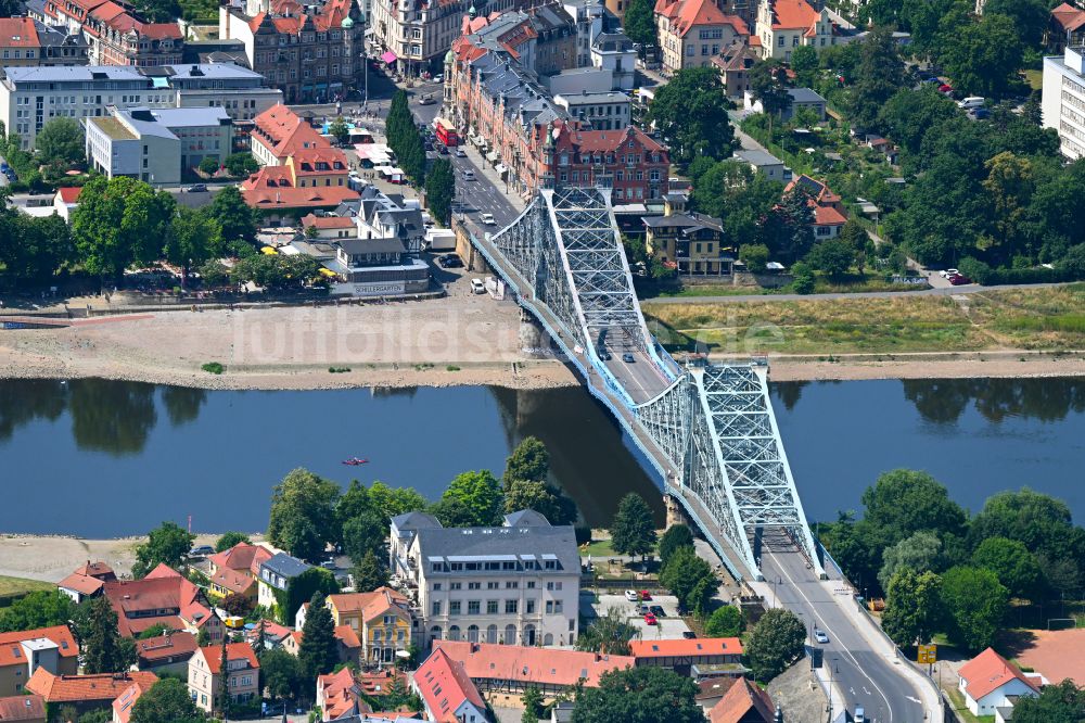 Luftaufnahme Dresden - Loschwitzer Brücke Blaues Wunder über dem Fluss Elbe in Dresden im Bundesland Sachsen