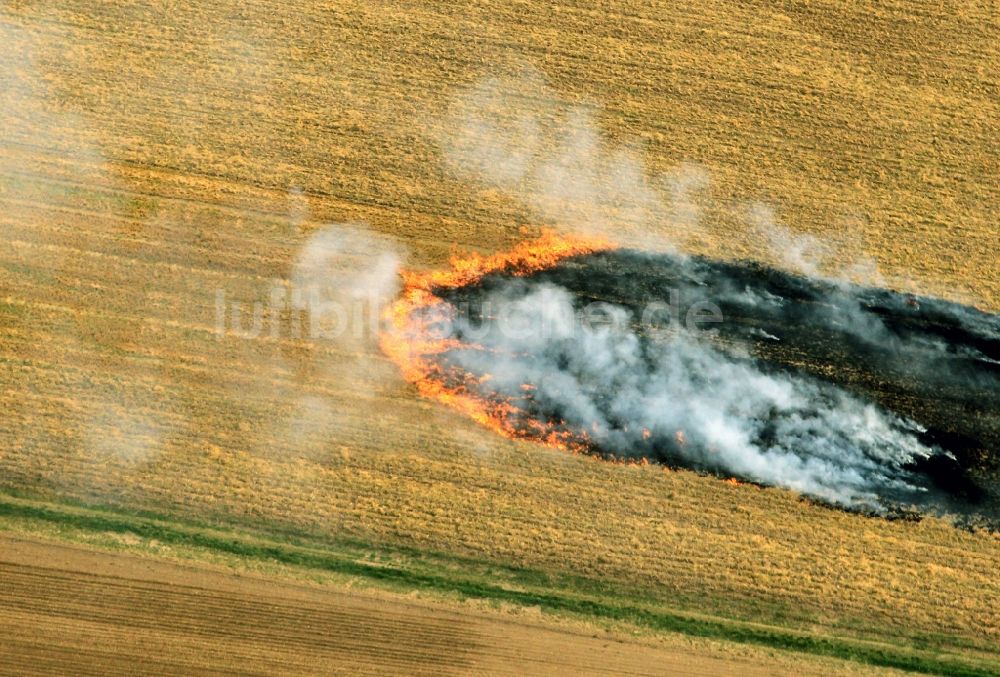 Volkenroda aus der Vogelperspektive: Löscharbeiten der Feuerwehr auf einem kontrollierten Feld - Brand auf einem landwirtschaftlichen Gut bei Volkenroda in Thüringen