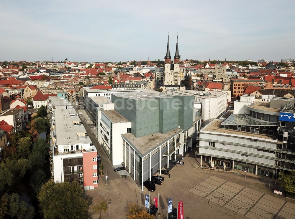 Halle (Saale) von oben - MDR- Landesfunkhaus mit der Konzerthalle Händelhalle auf der Spitze in Halle ( Saale ) im Bundesland Sachsen-Anhalt