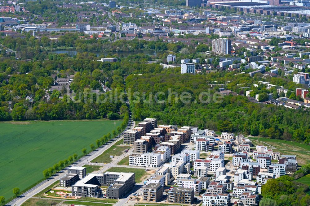 Luftaufnahme Wolfsburg - Mehrfamilienhaussiedlung Steimker Gärten - Drei Gärten im Ortsteil Hellwinkel in Wolfsburg im Bundesland Niedersachsen, Deutschland