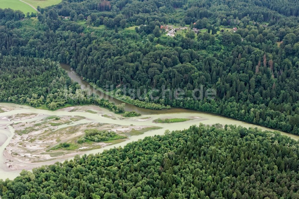 Luftbild Icking - Mündung der Loisach in die Isar bei Icking nahe Wolfratshausen im Bundesland Bayern, Deutschland