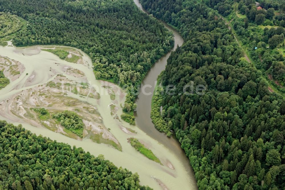 Luftaufnahme Icking - Mündung der Loisach in die Isar bei Icking nahe Wolfratshausen im Bundesland Bayern, Deutschland