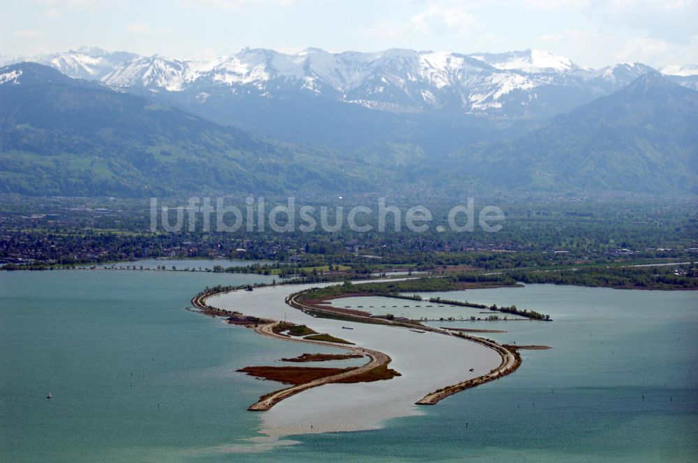Luftbild Hard - Mündung des Rheins in den Bodensee mit Blick auf die schneebedeckten Alpen bei Hard