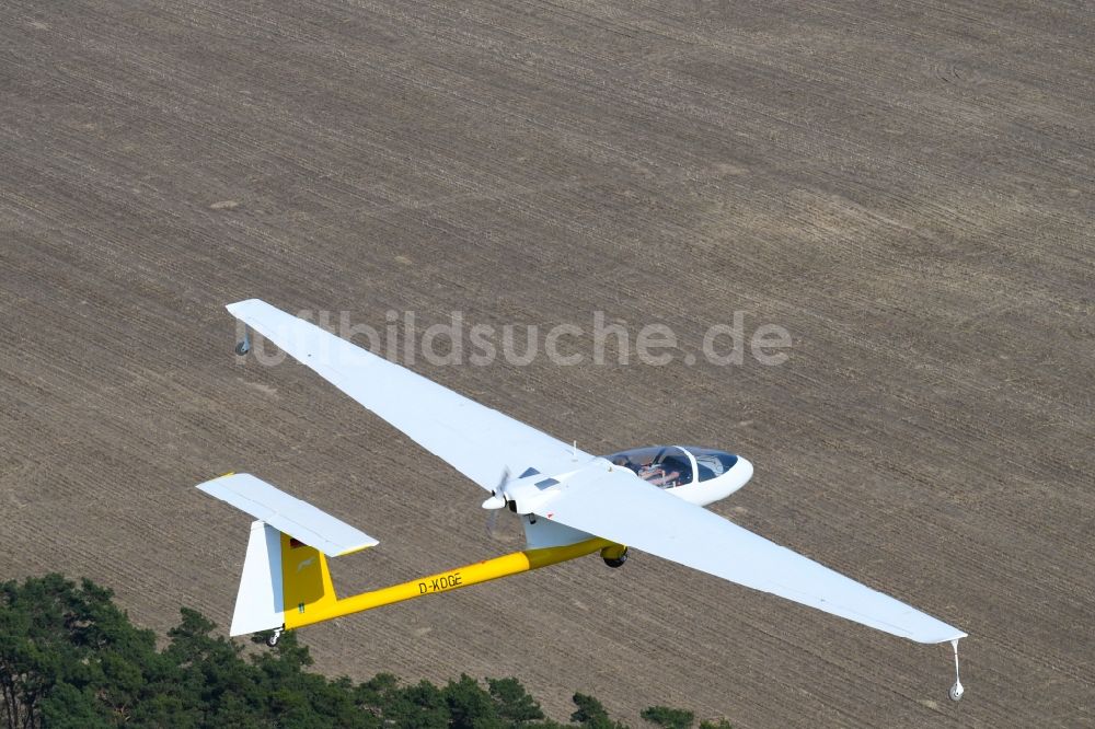 Hirschfelde von oben - Motorsegler Ogar im Fluge über dem Luftraum in Hirschfelde im Bundesland Brandenburg, Deutschland