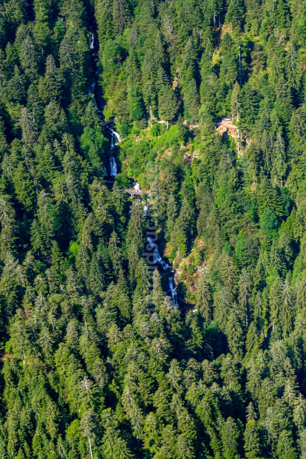 Luftaufnahme Triberg im Schwarzwald - Naturschauspiel des Wasserfalls an der Felsenlandschaft in einem Waldgebiet in Triberg im Schwarzwald im Bundesland Baden-Württemberg, Deutschland