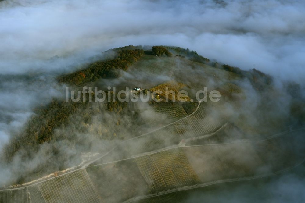 Niedermoschel von oben - Nebelschicht über Weinbergs- Landschaft der Winzer- Gebiete in Niedermoschel im Bundesland Rheinland-Pfalz, Deutschland