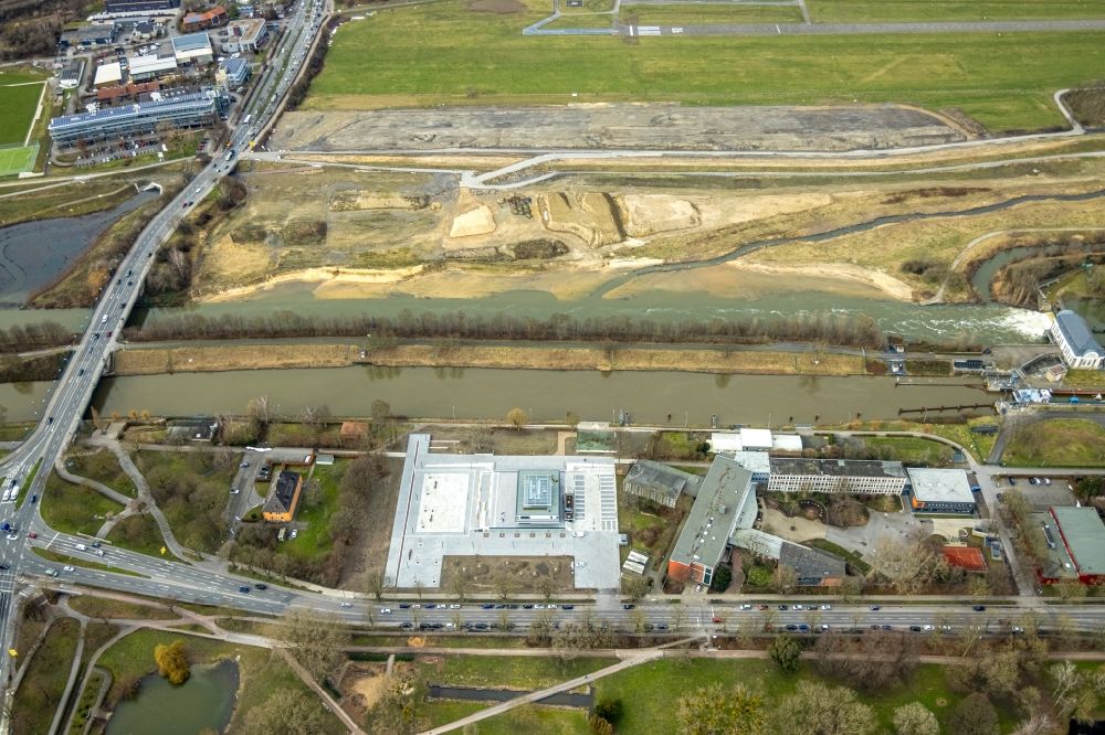Luftaufnahme Hamm - Neubau- Baustelle für eine Dammverlegung an der Lippe im Ortsteil Heessen in Hamm im Bundesland Nordrhein-Westfalen, Deutschland