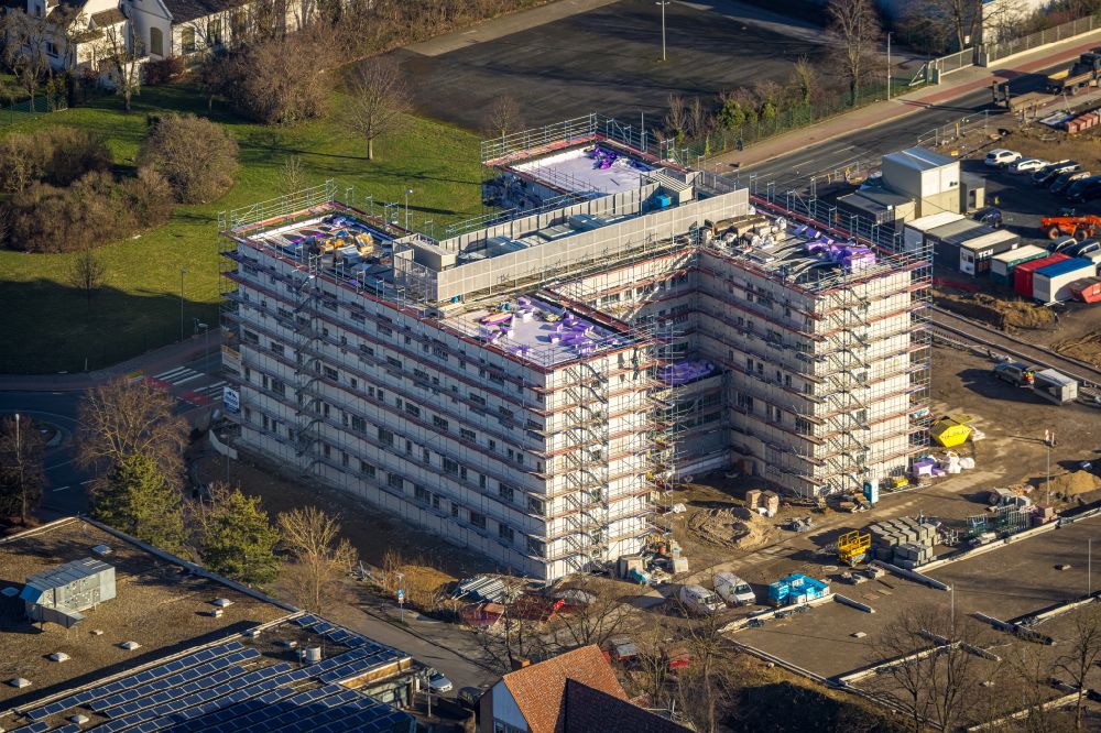 Unna von oben - Neubau- Baustelle Verwaltungsgebäude der staatlichen Behörde Jobcenter - Arbeitsamt in Unna im Bundesland Nordrhein-Westfalen, Deutschland