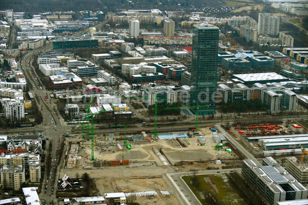 Luftaufnahme München - Neubau eines Büro- und Geschäftshauses und Betriebshofes Hybrid.M in München im Bundesland Bayern, Deutschland