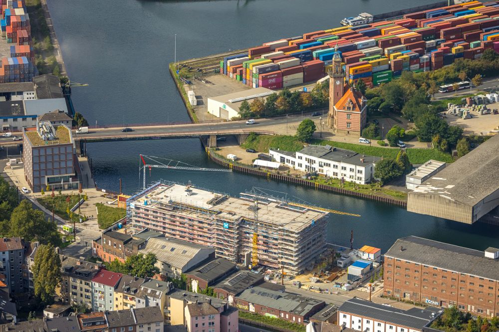 Luftaufnahme Dortmund - Neubau eines Büro- und Geschäftshauses im Ortsteil Hafen in Dortmund im Bundesland Nordrhein-Westfalen, Deutschland