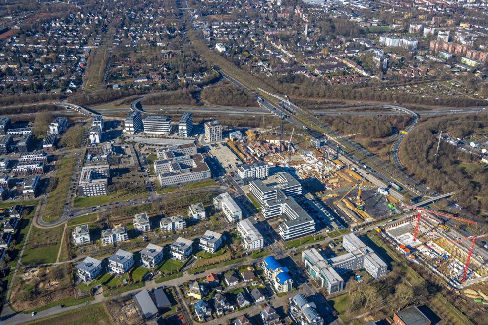 Luftaufnahme Dortmund - Neubau eines Büro- und Geschäftshauses im Ortsteil Schüren-Neu in Dortmund im Bundesland Nordrhein-Westfalen, Deutschland