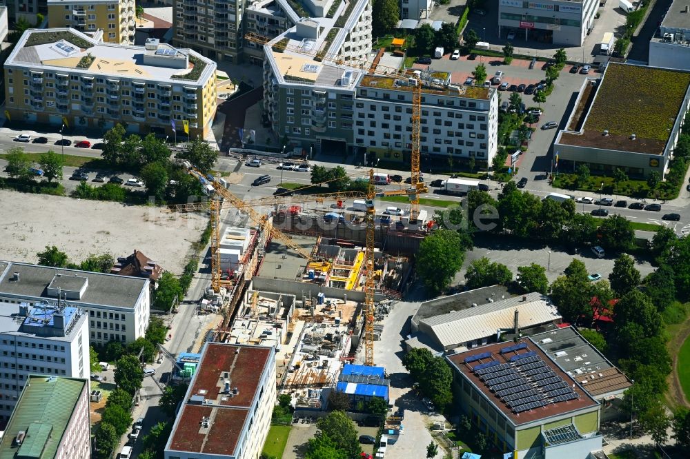 Luftbild München - Neubau eines Büro- und Geschäftshauses an der Rüdesheimer Straße Ecke Tübinger Straße in München im Bundesland Bayern, Deutschland