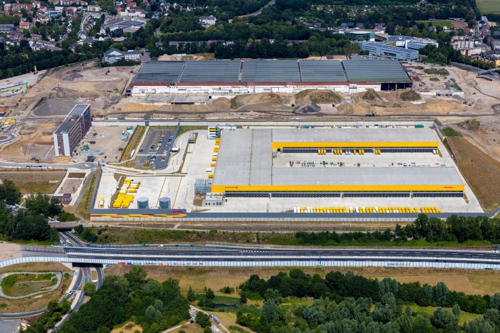 Bochum aus der Vogelperspektive: Neubau eines DHL- Hub- Gebäudekomplexes auf dem Gelände des Logistikzentrums im Entwicklungsgebiet MARK 51°7 in Bochum im Bundesland Nordrhein-Westfalen, Deutschland