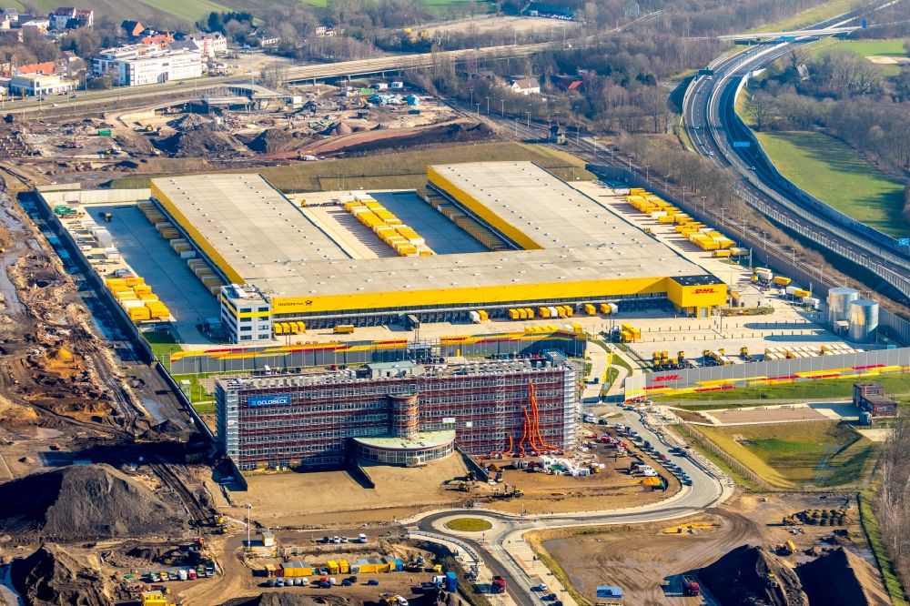 Luftbild Bochum - Neubau eines DHL- Hub- Gebäudekomplexes auf dem Gelände des Logistikzentrums im Entwicklungsgebiet MARK 51°7 in Bochum im Bundesland Nordrhein-Westfalen, Deutschland