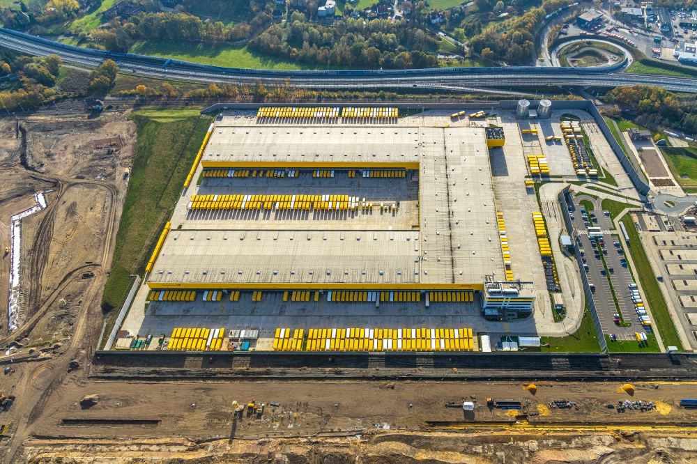 Bochum von oben - Neubau eines DHL- Hub- Gebäudekomplexes auf dem Gelände des Logistikzentrums im Entwicklungsgebiet MARK 51°7 in Bochum im Bundesland Nordrhein-Westfalen, Deutschland