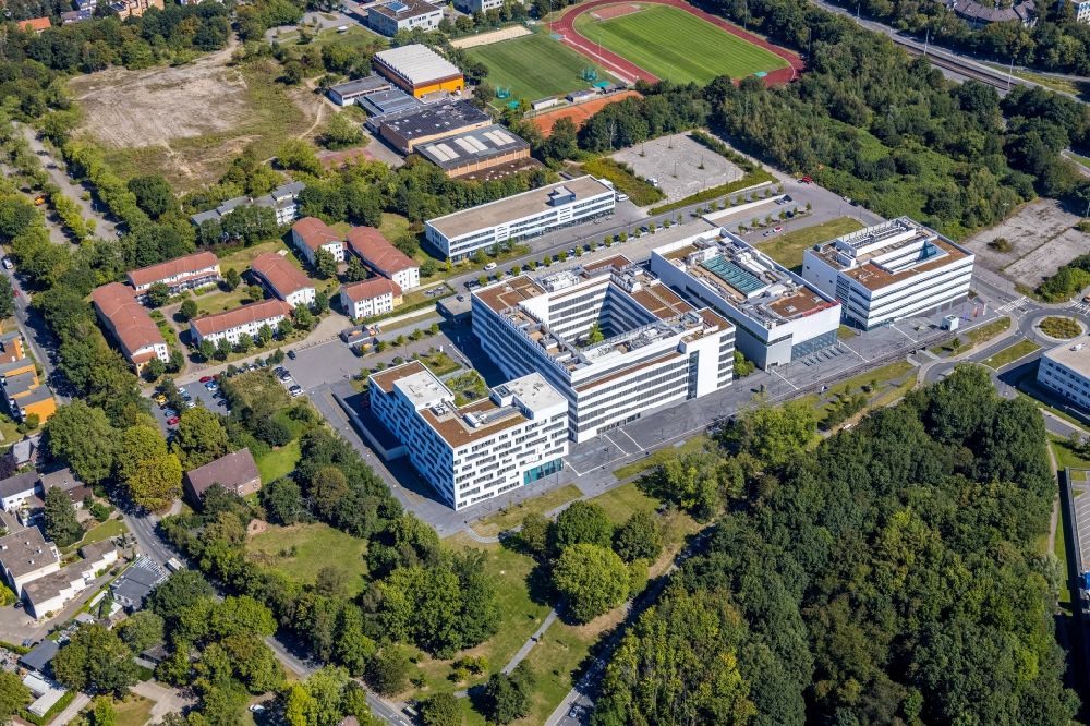 Bochum von oben - Neubau Gebäudekomplexes der Hochschule für Gesundheit am Gesundheitscampus in Bochum im Bundesland Nordrhein-Westfalen, Deutschland
