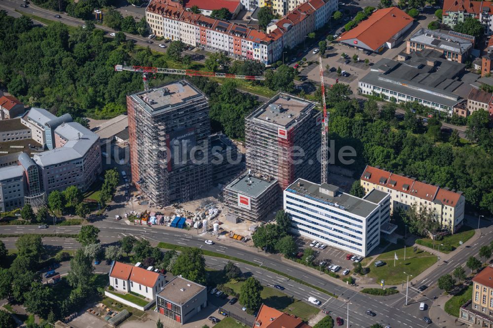 Erfurt aus der Vogelperspektive: Neubau des Hochhaus- Gebäudekomplexes Wir Quartier in Erfurt im Bundesland Thüringen, Deutschland