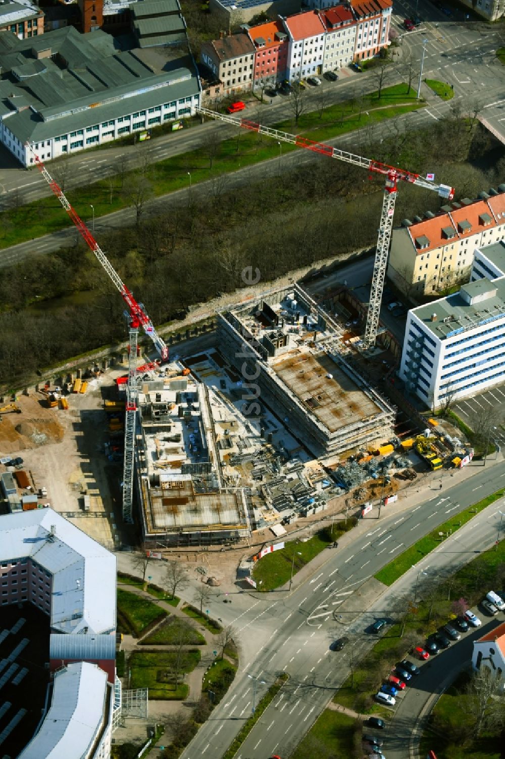 Luftaufnahme Erfurt - Neubau des Hochhaus- Gebäudekomplexes Wir Quartier in Erfurt im Bundesland Thüringen, Deutschland