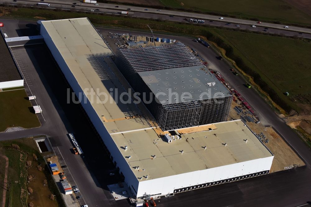Luftbild Günthersdorf - Neubau eines Hochregal- Lager-Gebäudekomplex und Logistikzentrum auf dem Gelände der Höffner Möbelgesellschaft GmbH & Co.KG in Günthersdorf im Bundesland Sachsen-Anhalt