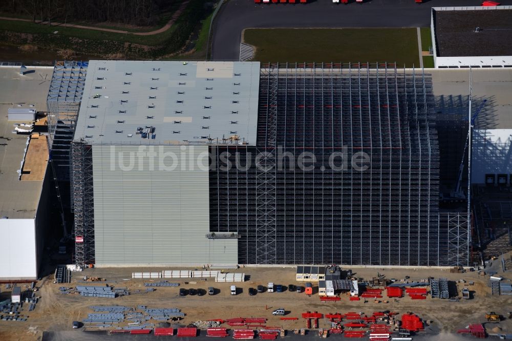 Luftbild Günthersdorf - Neubau eines Hochregal- Lager-Gebäudekomplex und Logistikzentrum auf dem Gelände der Höffner Möbelgesellschaft GmbH & Co.KG in Günthersdorf im Bundesland Sachsen-Anhalt