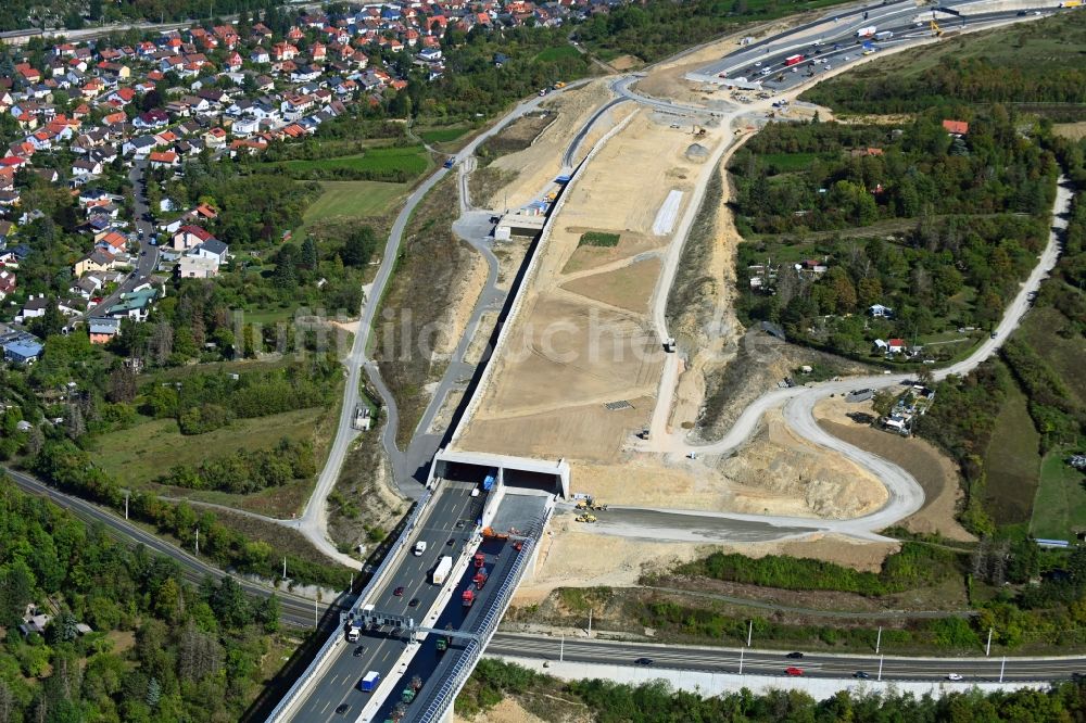 Würzburg von oben - Neubau des Katzenbergtunnel der BAB A3 im Ortsteil Heidingsfeld in Würzburg im Bundesland Bayern, Deutschland