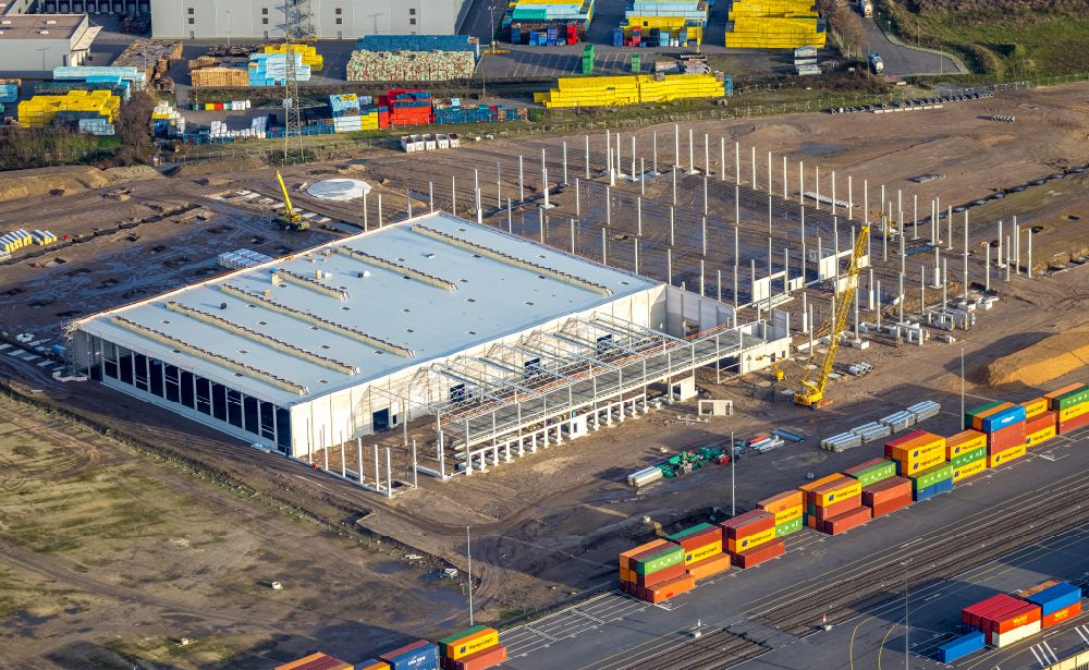 Duisburg aus der Vogelperspektive: Neubau des Logistikzentrums in Duisburg im Bundesland Nordrhein-Westfalen, Deutschland