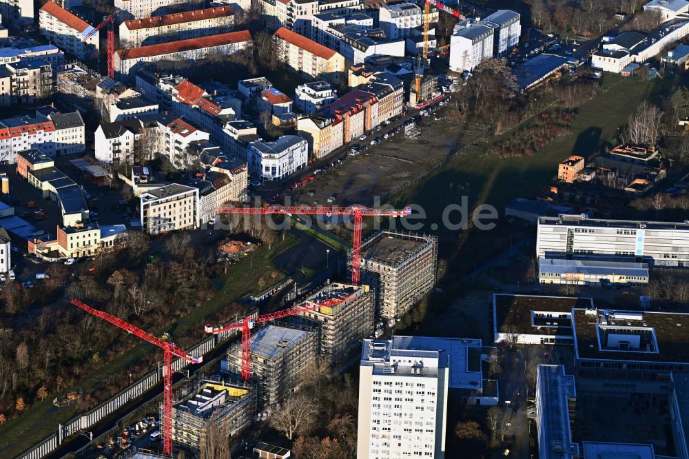 Leipzig von oben - Neubau einer Mehrfamilienhaus-Wohnanlage Dösner Weg in Leipzig im Bundesland Sachsen, Deutschland