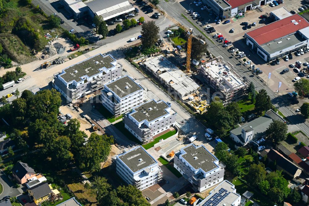 Jena von oben - Neubau einer Mehrfamilienhaus-Wohnanlage Linden-Allee im Ortsteil Zwätzen in Jena im Bundesland Thüringen, Deutschland